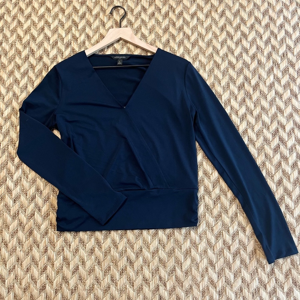 Banana Republic Blouse - Women's Small Navy Blue - Faux Wrap V-Neck Top